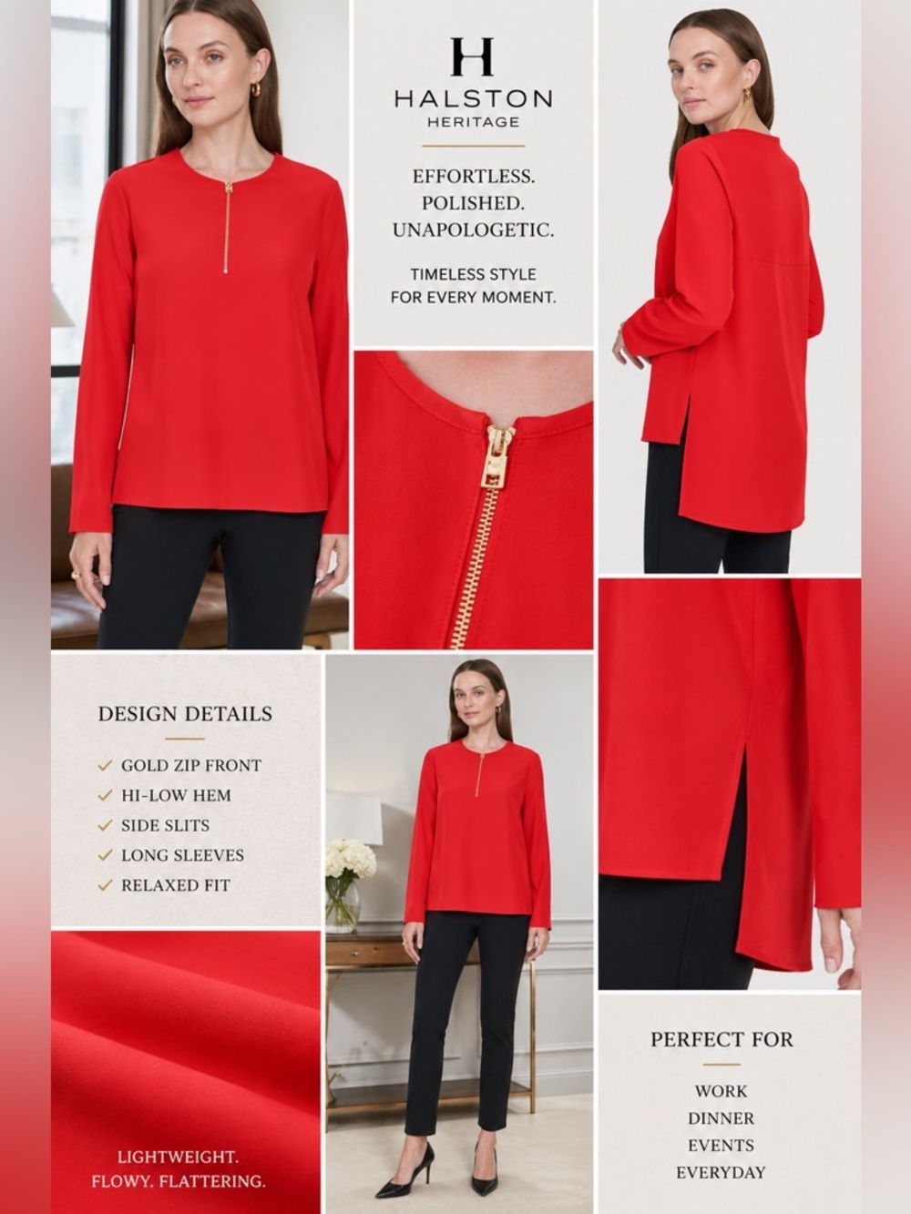 Halston Heritage Red Zip Front Hi Low Tunic Blouse Side Slit Top S NWT